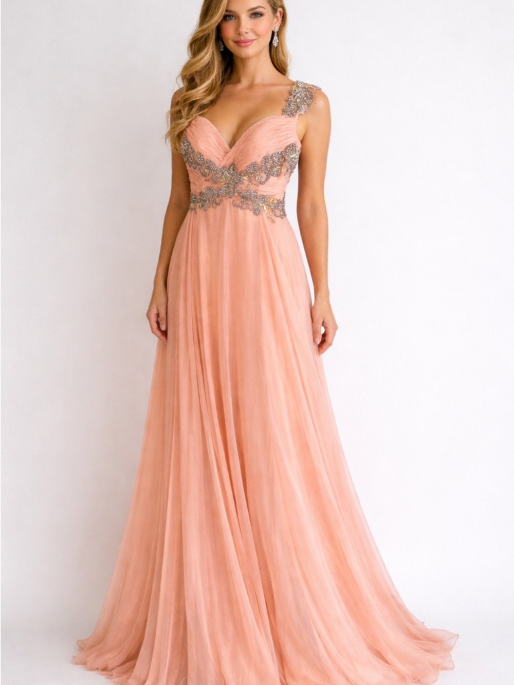 Blush Peach Evening Gown with Silver Appliqué